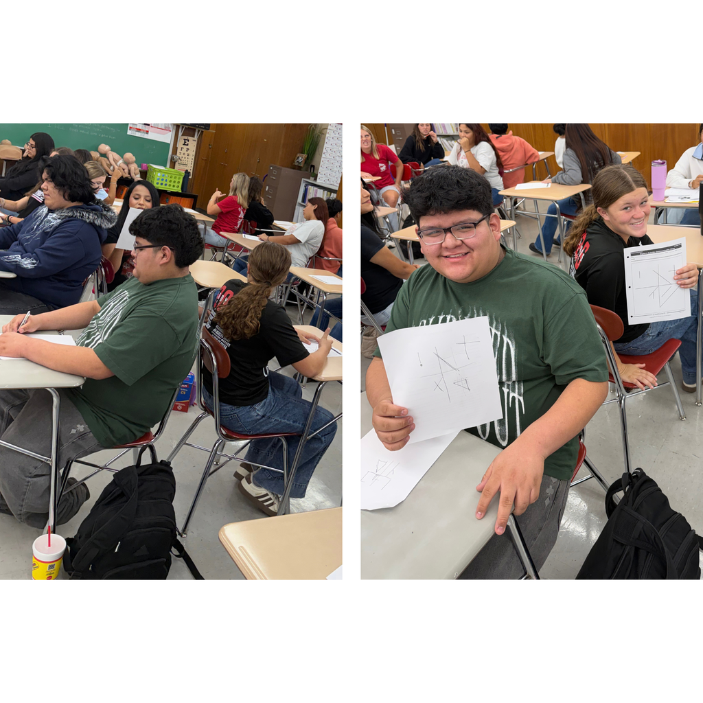2 images side by side: Two high school students sit back-to-back in a classroom during a communication activity. Showing finished product, one holds up a sheet of paper showing a drawn grid diagram.