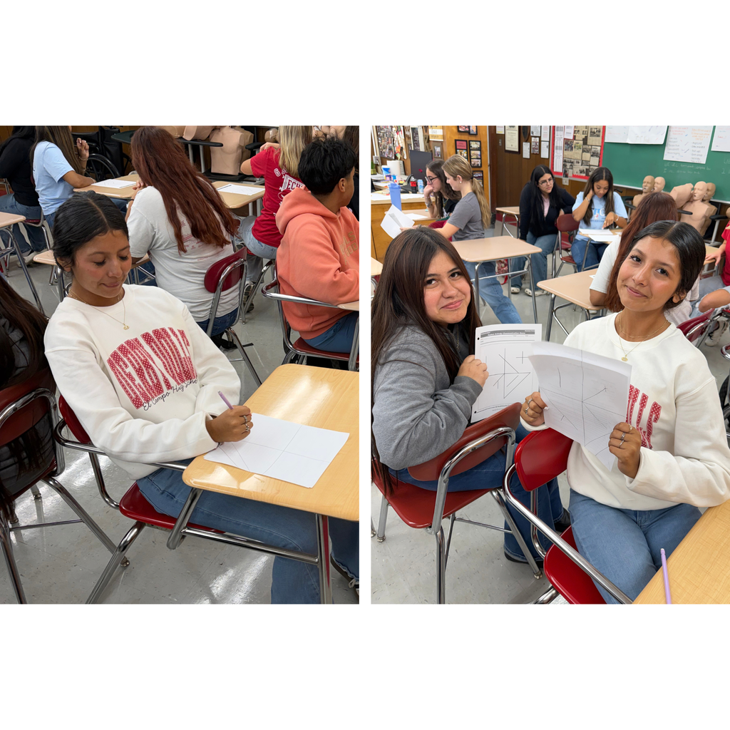 2 images side by side: Two female high school students sit back-to-back in a classroom during a communication activity. Showing finished product, one holds up a sheet of paper showing a drawn grid diagram.
