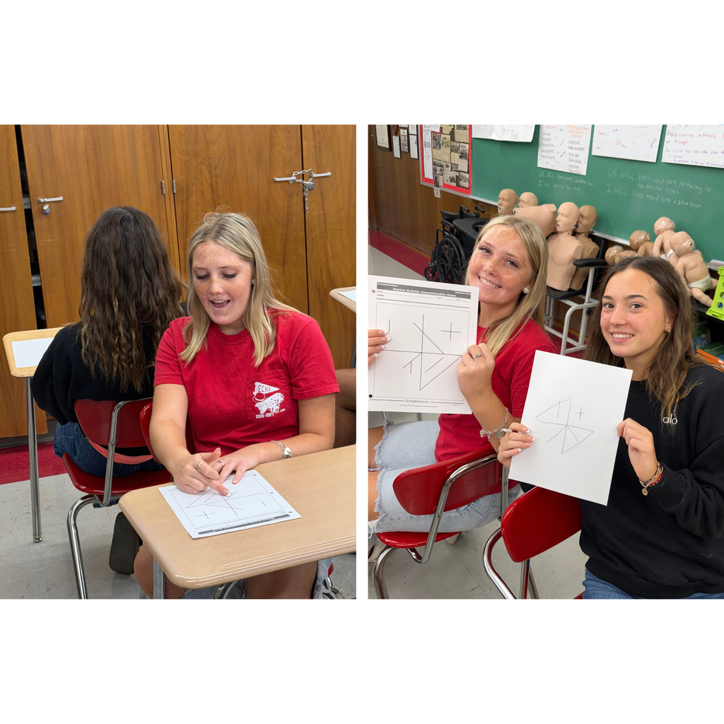 2 images side by side: Two female high school students sit back-to-back in a classroom during a communication activity. Showing finished product, one holds up a sheet of paper showing a drawn grid diagram.
