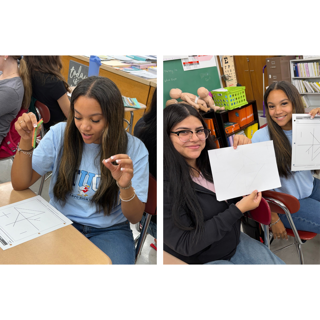 2 images side by side: a female high school student communicating details. Showing finished product, one holds up a sheet of paper showing a drawn grid diagram.