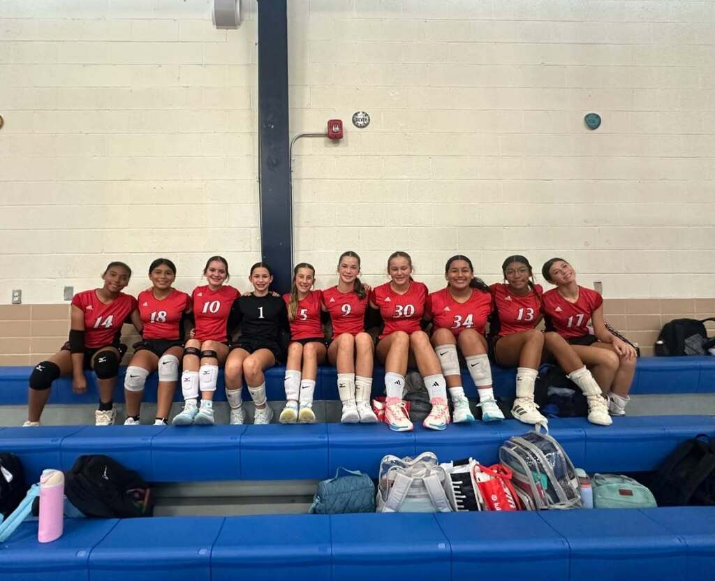Members of the El Campo Middle School Ladybirds volleyball team 3 posing together in uniform indoors.