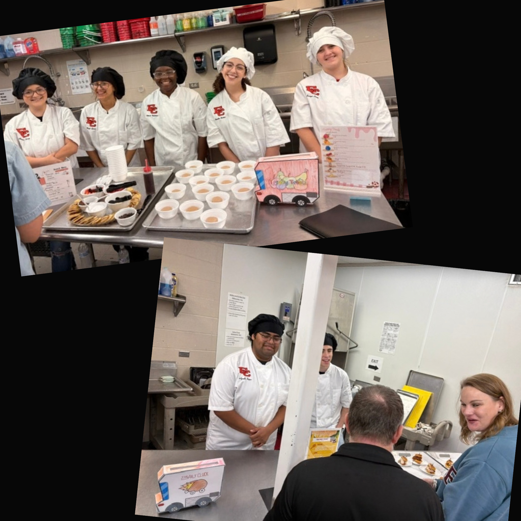 A collage of two photos showing high school culinary arts students in a kitchen. The top photo shows five students in white chef jackets standing behind a stainless steel counter displays food samples, a menu, and a pink paper model of a food truck. The bottom photo shows students presenting their food truck concept and samples to judges seated at the counter.