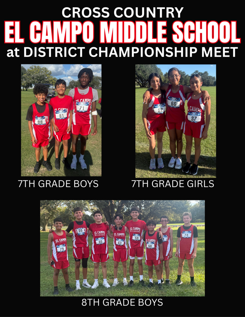 Graphic titled "Cross Country El Campo Middle School at District Championship Meet" featuring three photos of student athletes posing in red and black team uniforms: top left shows the 7th Grade Boys, top right shows the 7th Grade Girls, and the bottom shows the 8th Grade Boys team.