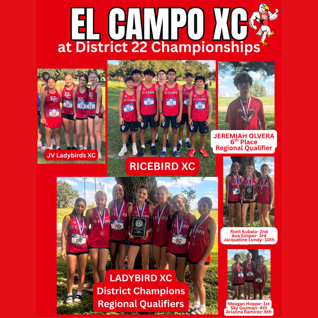 Graphic titled "El Campo XC at District 22 Championships" with a bright red background featuring photos of cross country team members posing in red and black athletic gear: JV Ladybirds XC, Ricebird XC, and Ladybird XC District Champions & Regional Qualifiers, along with callouts for top individual runners and regional qualifiers.