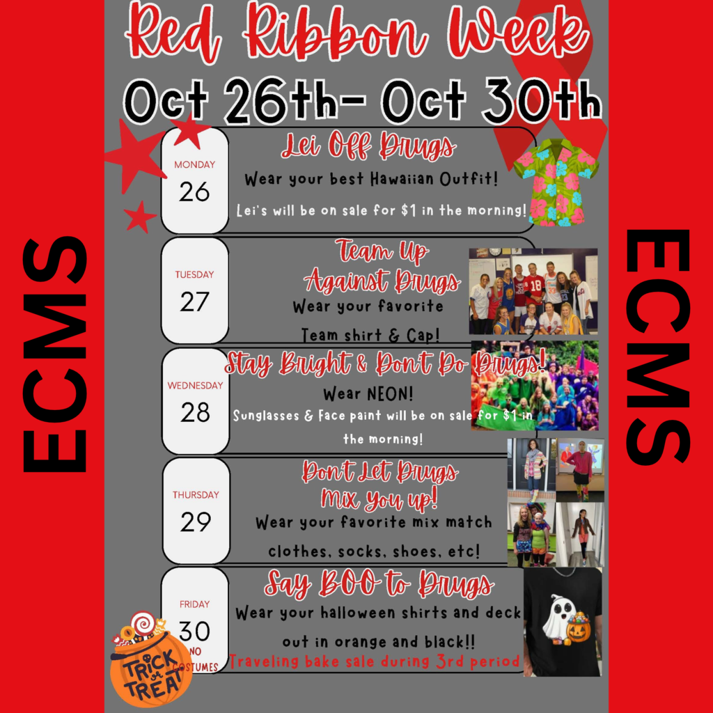 Red Ribbon Week (October 26th-30th) with five illustrated horizontal panels. The top banner includes the event title and dates. Subsequent panels detail the daily dress-up themes: Monday (Lei Off Drugs: Hawaiian outfit, leis on sale); Tuesday (Team Up Against Drugs: sports jersey & cap); Wednesday (Stay Bright & Don't Do Drugs: neon, sunglasses & face paint on sale); Thursday (Don't Let Drugs Mix You Up: mismatched clothes); and Friday (Say BOO to Drugs: halloween shirts, orange & black