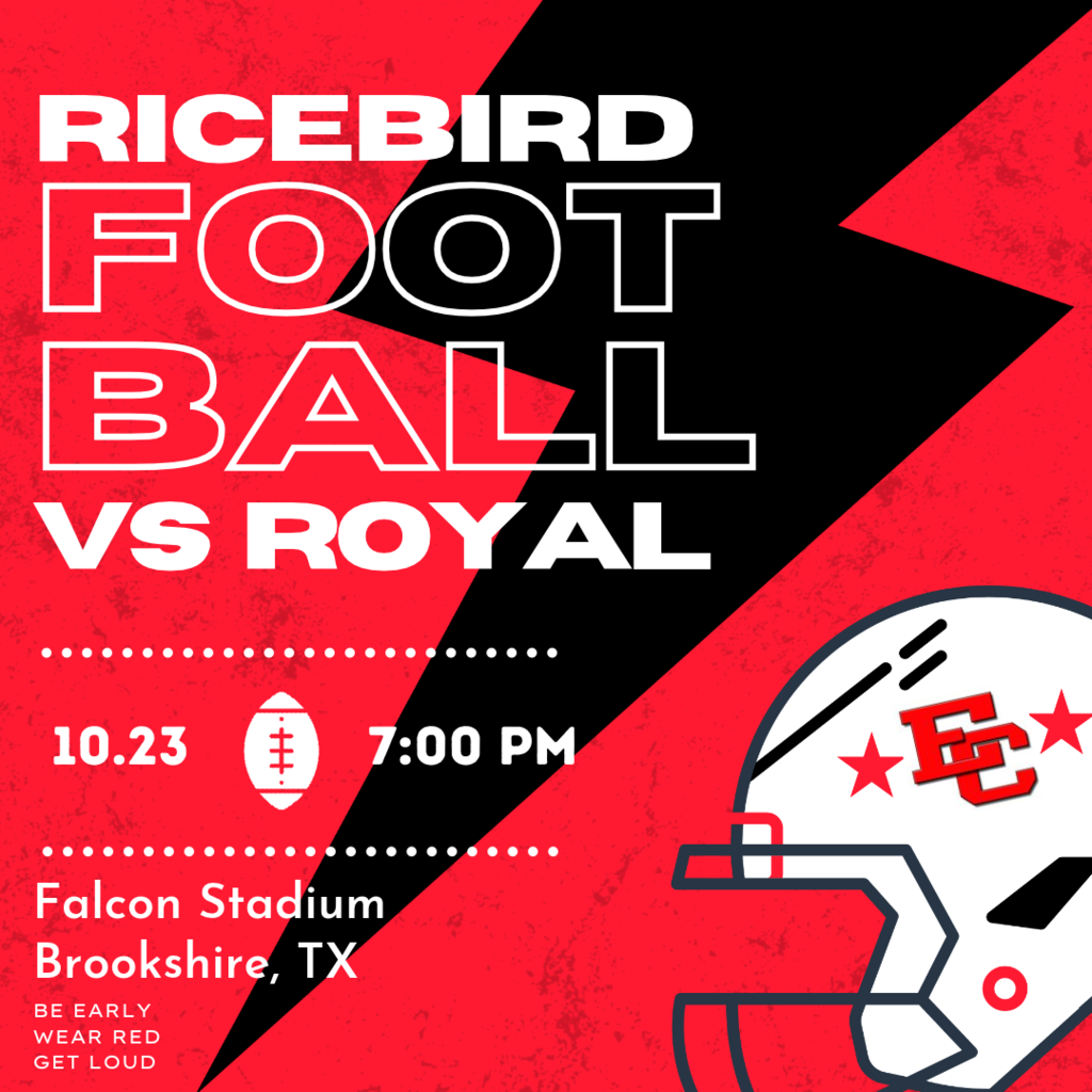 Ricebird Football vs. Royal game announcement graphic for October 23 at 7:00 PM at Falcon Stadium, Brookshire, TX.