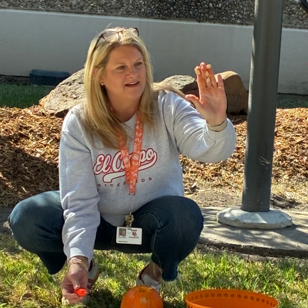 teacher showing the pumpkin seeds on her hand