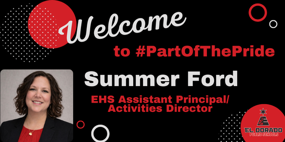 black and red graphic welcoming Summer Ford to #PartOfThePride as the new EHS Assistant Principal/Activities Director with her photo in the bottom left corner