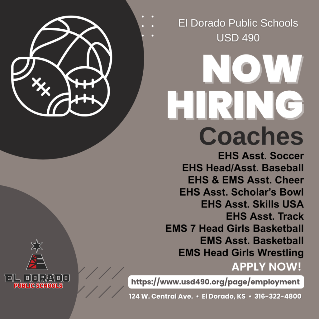 USD 490 is now hiring coaches. Apply online: https://www.usd490.org/page/employment