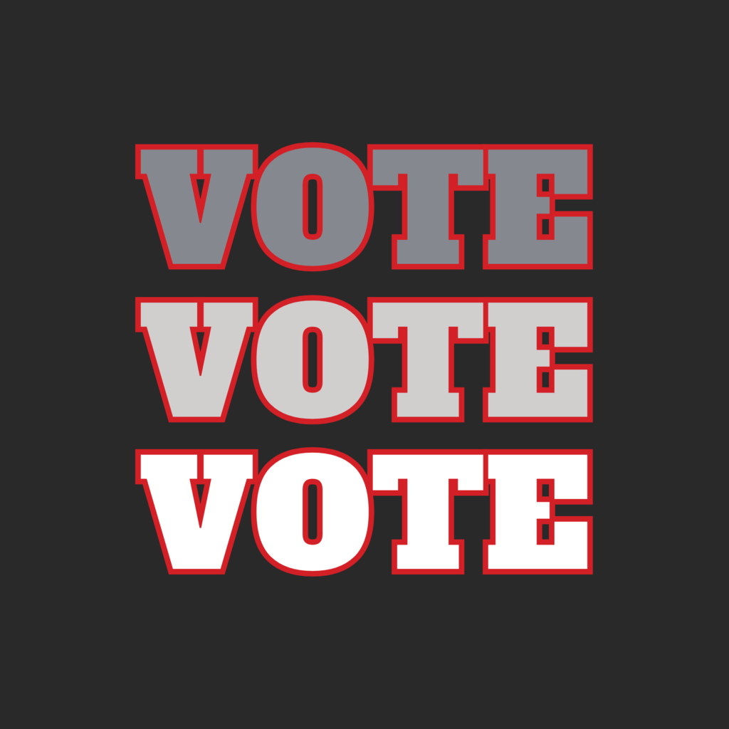 black square with gradiated "vote" three times in gray to white with a red stroke around the letters