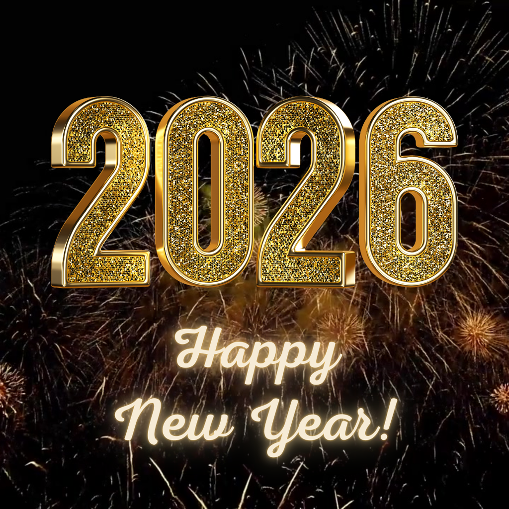 "Happy New Year" with 2026 in glitter numbers and fireworks in the background