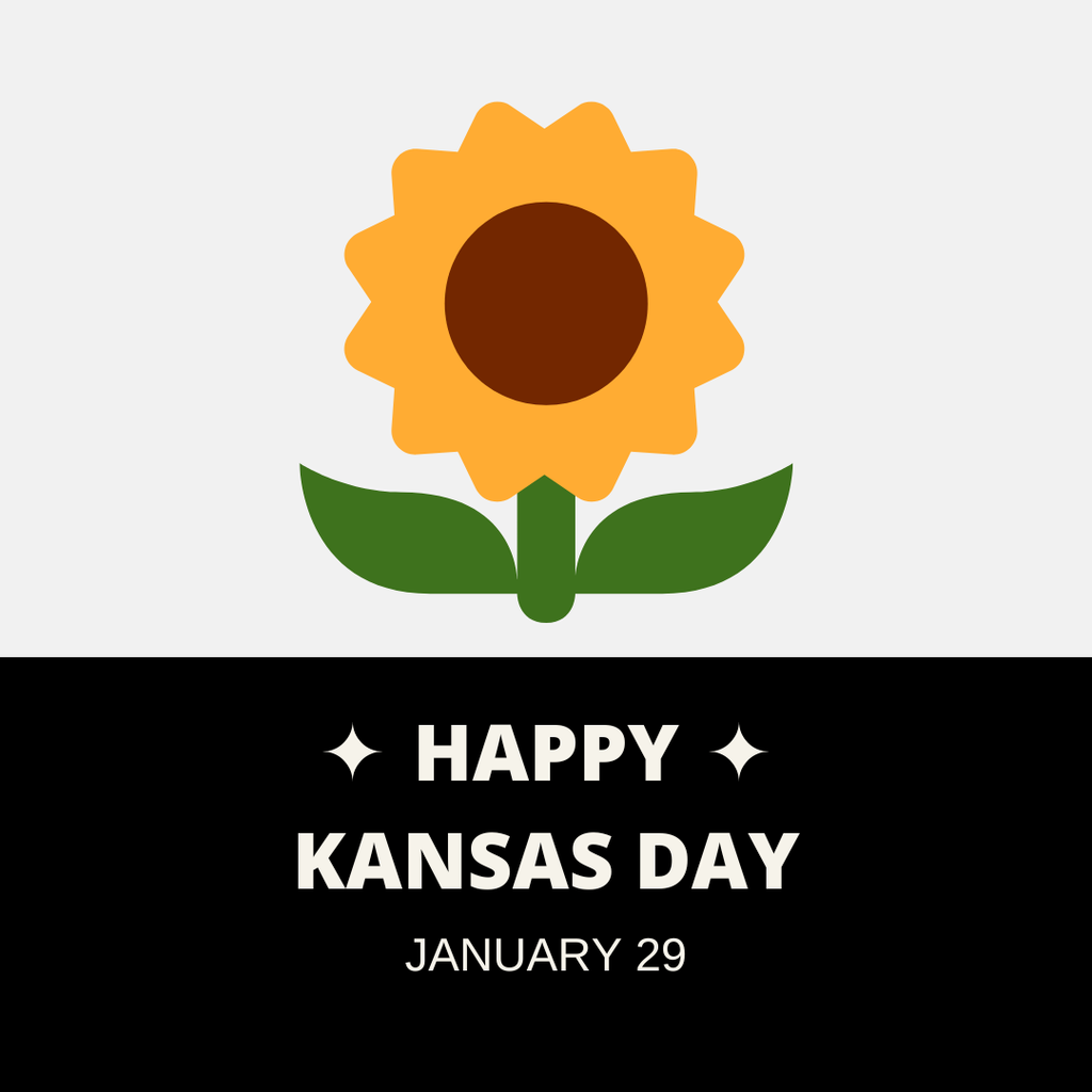 Happy Kansas Day January 29 with a sunflower graphic above the words