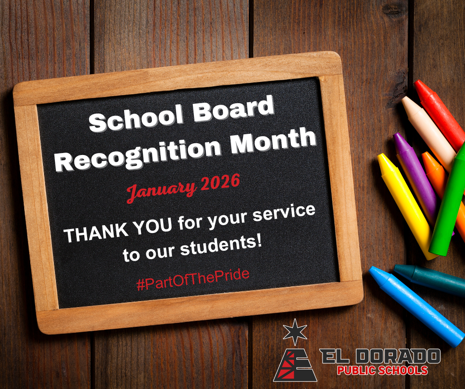 Blackboard with "School Board Recognition Month January 2026 Thank you for your service to our students! #PartOfThePride" with colored chalk pieces laying beside it
