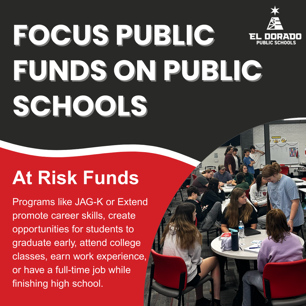 Focus public funds on public schools information about at risk funds that are used to offer career skill opportunities for students with a  photo of students working in a relaxed setting around round tables.