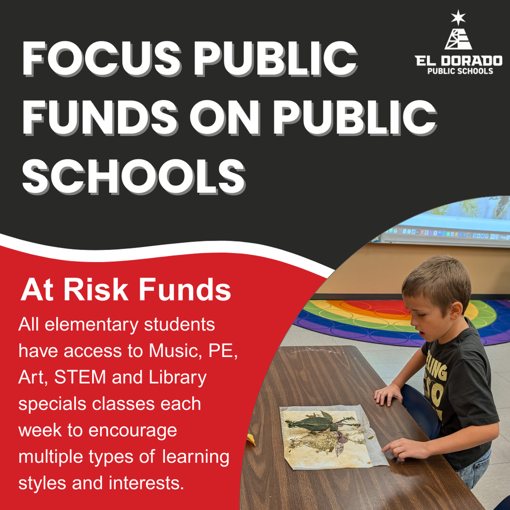 Focus public funds on public schools graphic that talks about at risk funds being used to support elemenary specials classes with a photograph of a student creating nature art