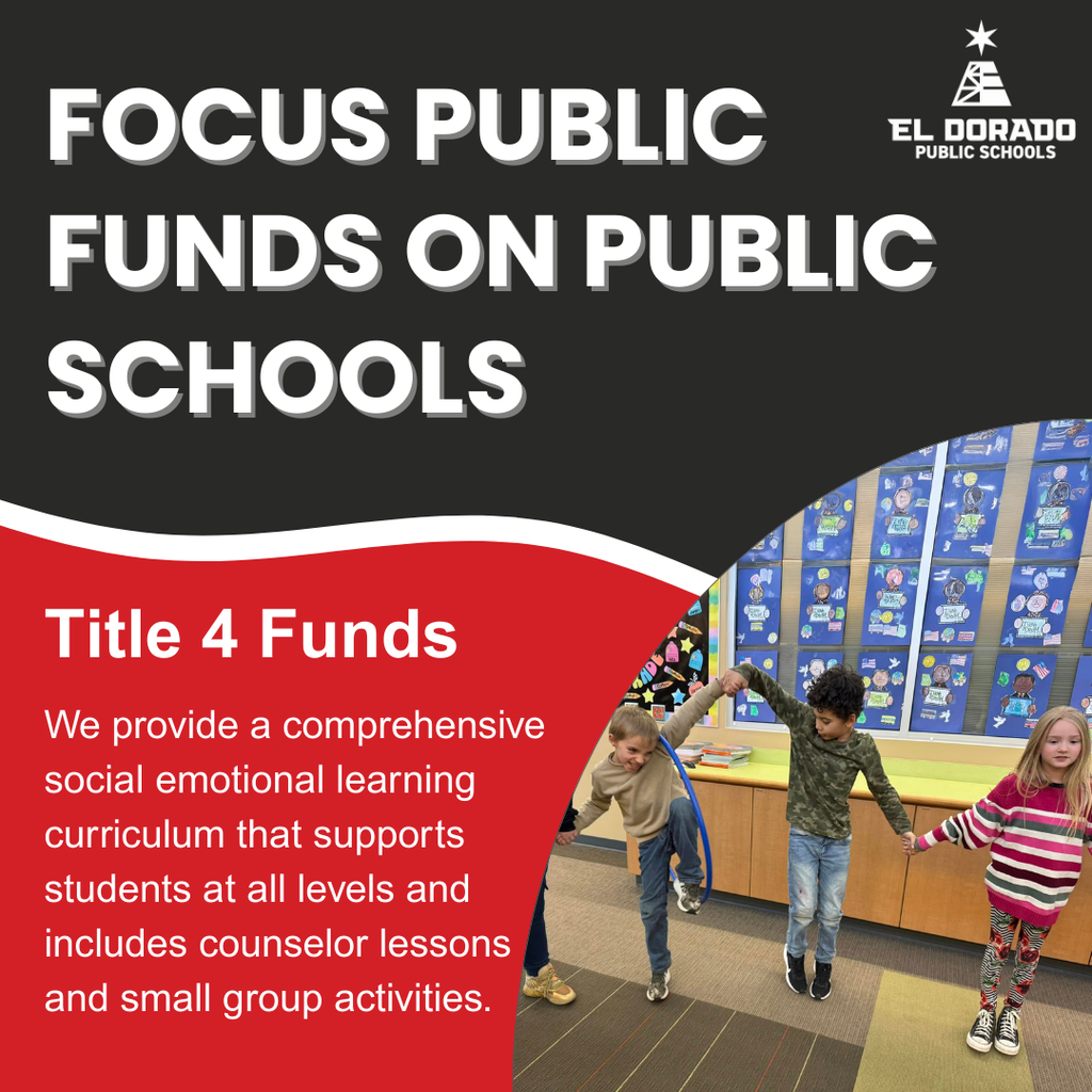 Graphic talking about Title 4 funds being used for student social emotional learning with a photo of students doing a teamwork activity with a hula hoop