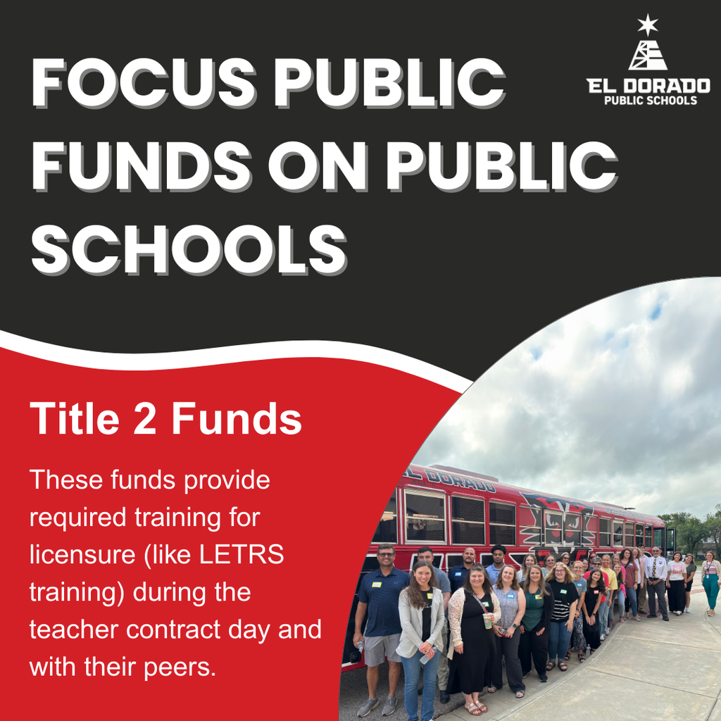 Graphic explaining that Title 2 funds are used to provide state-required trainings for teachers with a photo of this year's new teaching staff