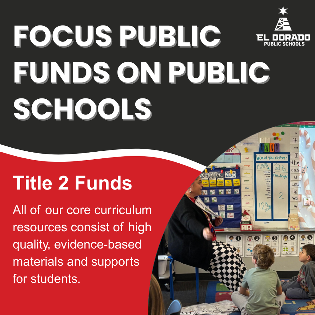 Graphic explaining that Title 2 funds provide curriculum for students with a photo of a teacher reading to students