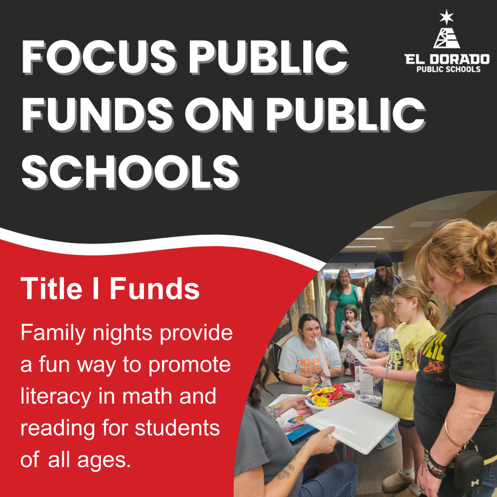 Graphic explaining that Title 1 funds support math and reading literacy Family Nights with a photo of students and families at a school family night