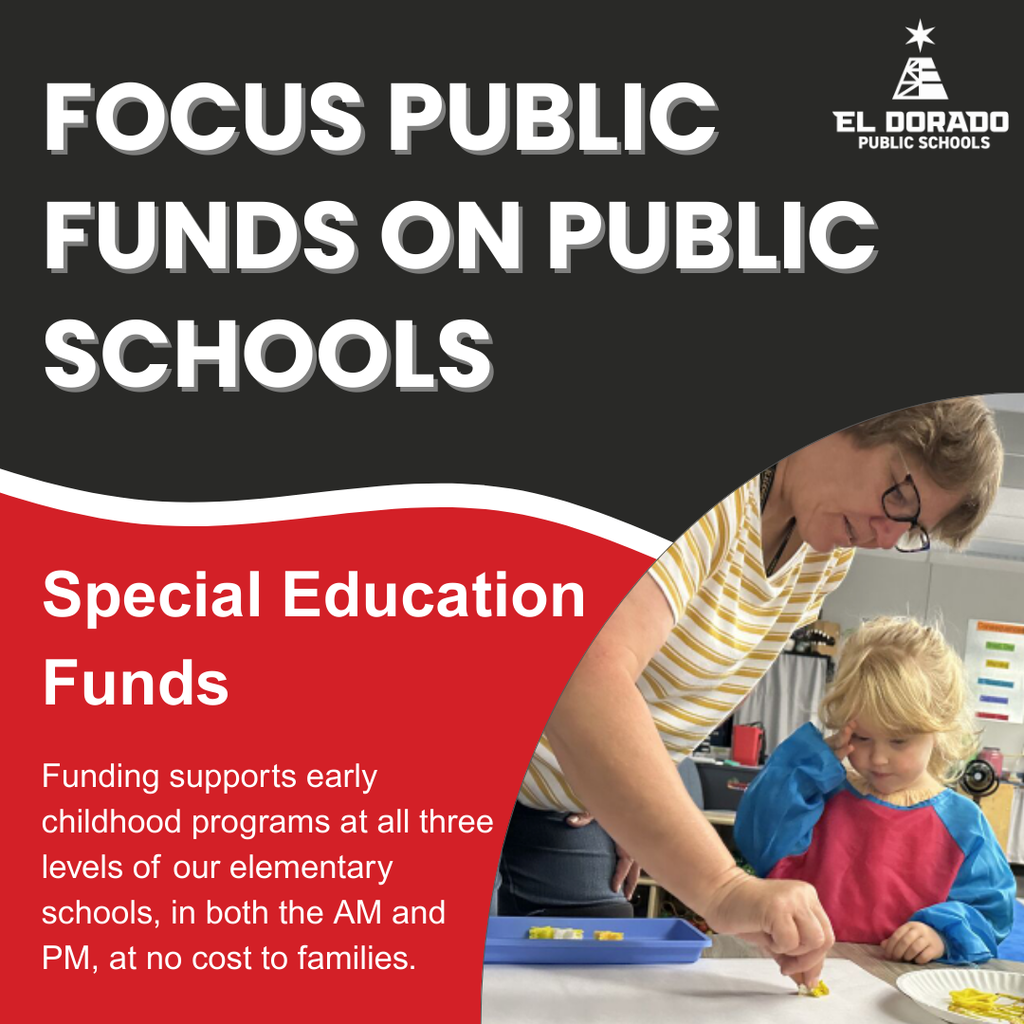 Graphic saying Special Education funds provide early childhood programs with a photo of a studnet working with a staff member