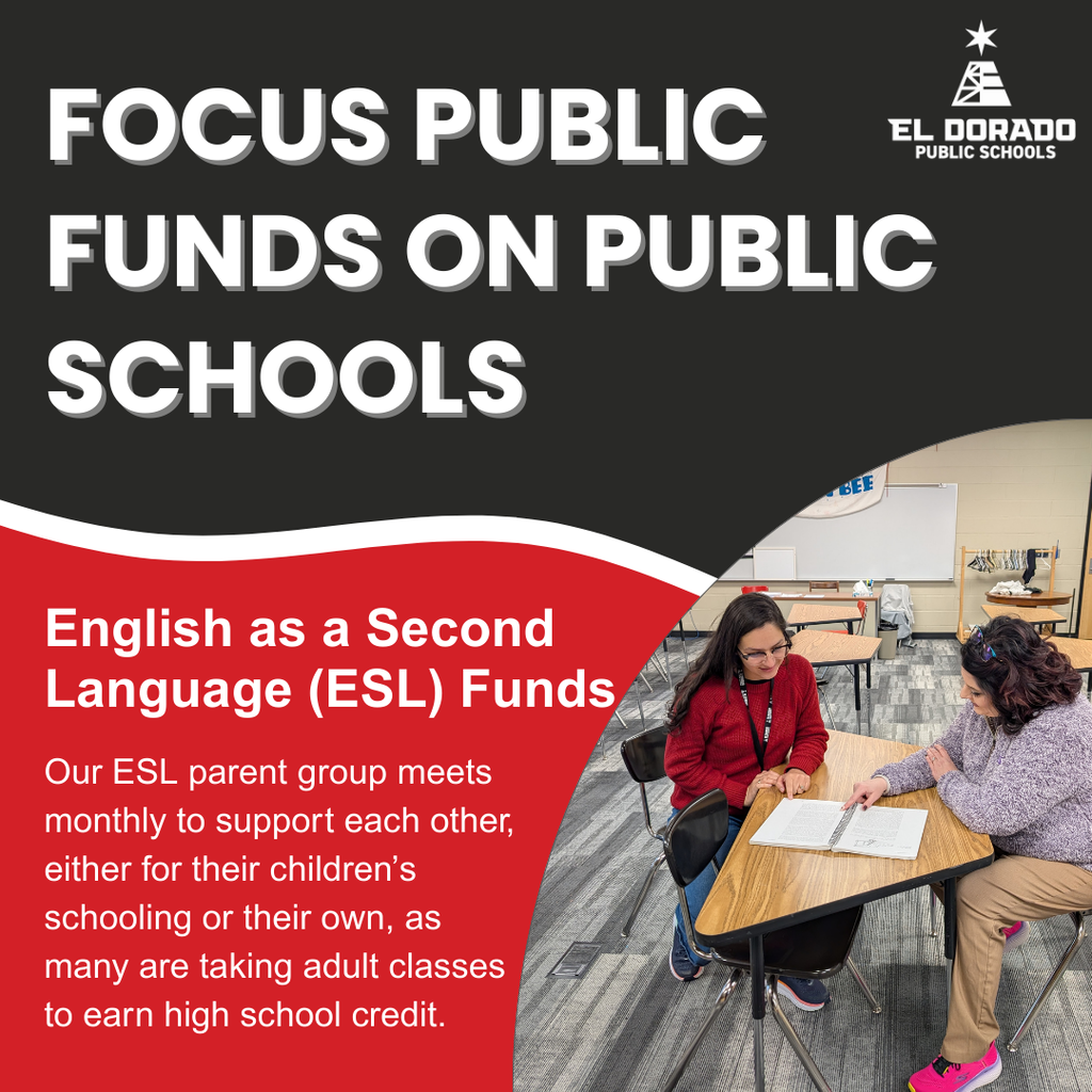 Graphic explaining English as a Second Language funds and how they support families to enable them to better support students at home with a photo of two adults looking at a textbook.