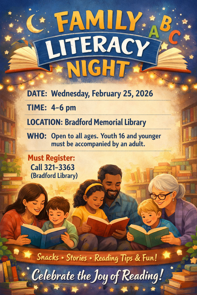 Family Literacy Night flyer featuring three adults reading books to three children