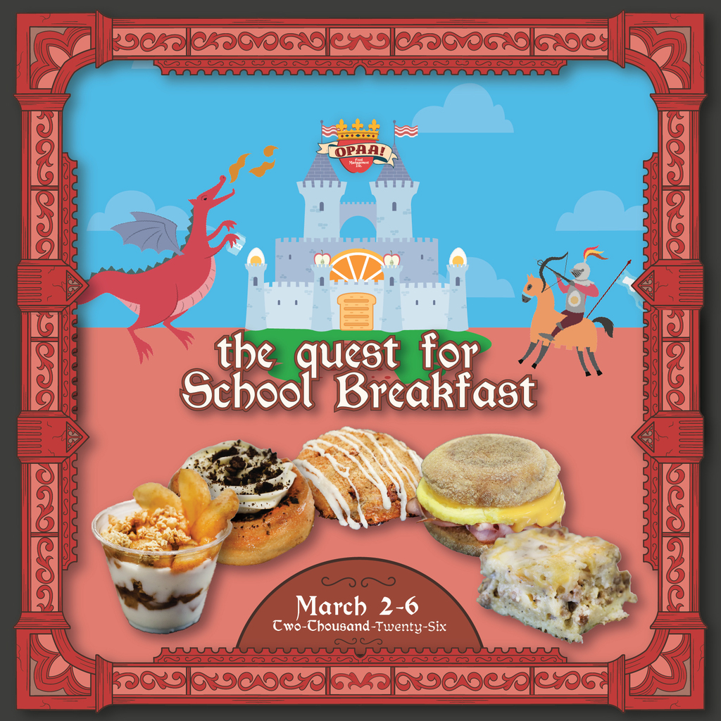 The Quest for school breakfast with a castle, dragon, knight and photos of five breakfast items
