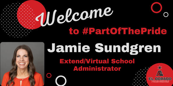 black and red graphic with a photo of Jamie Sundgren in the bottom, left corner welcoming her as the Extend/Virtual School Administrator