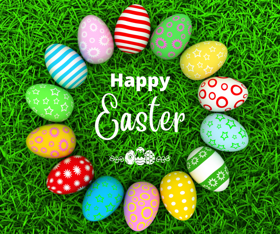 decorated eggs form a circle around "Happy Easter" on green grass