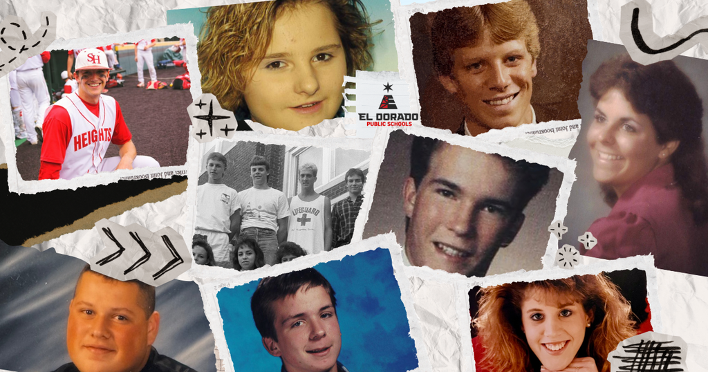 Photos of high school students from many years ago on a crumpled white paper background with some random ink doodles as decoration