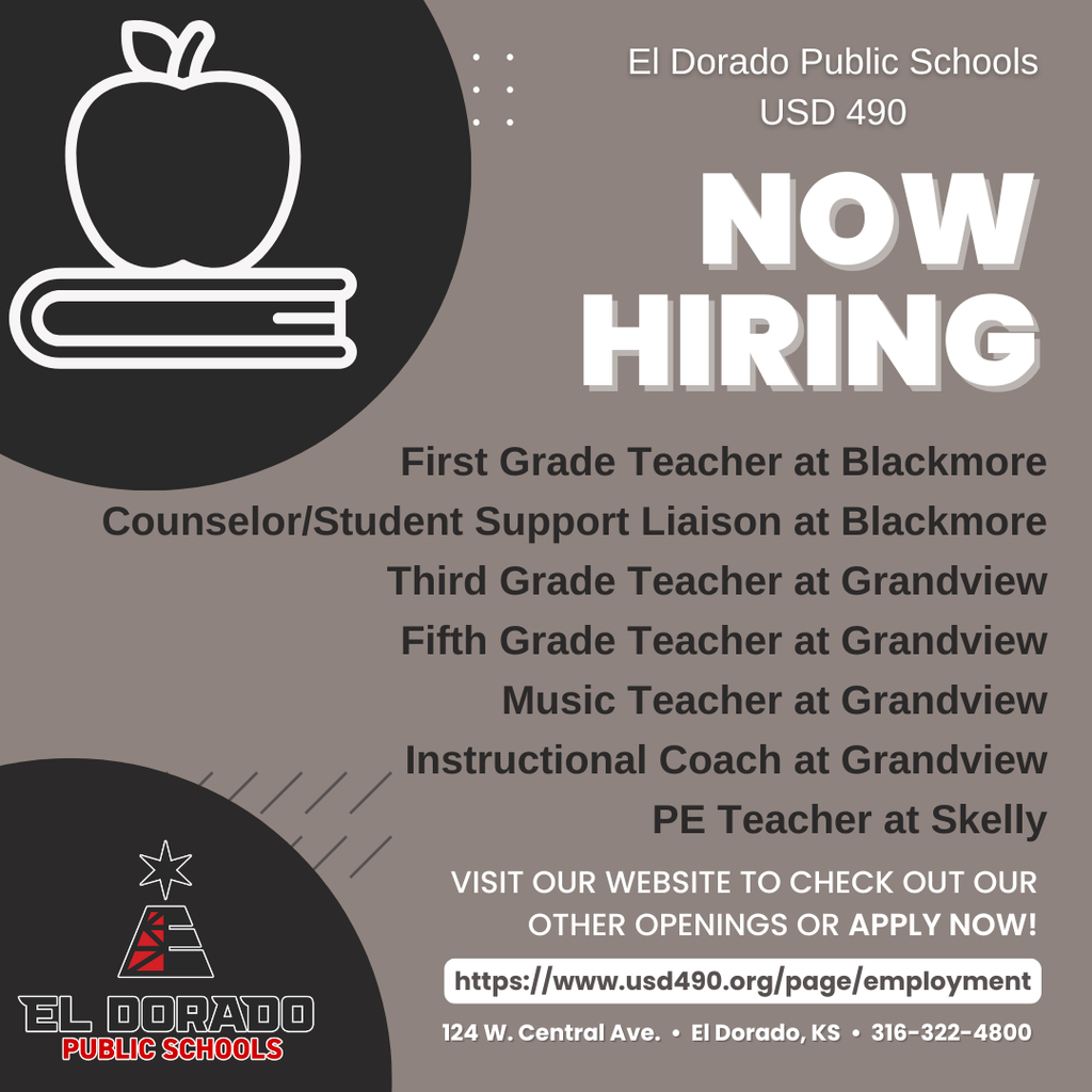 Now hiring graphic with a list of open elementary positions.