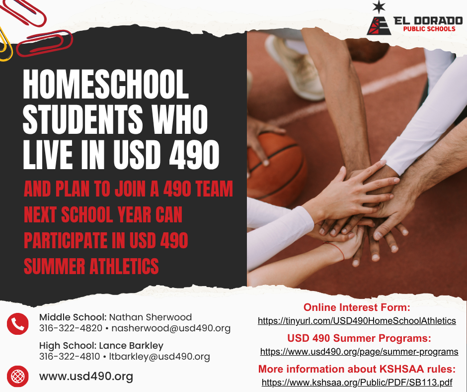 Informational graphic about homeschool students being eligible for USD 490 summer athletics if they plan to join a 490 team next year