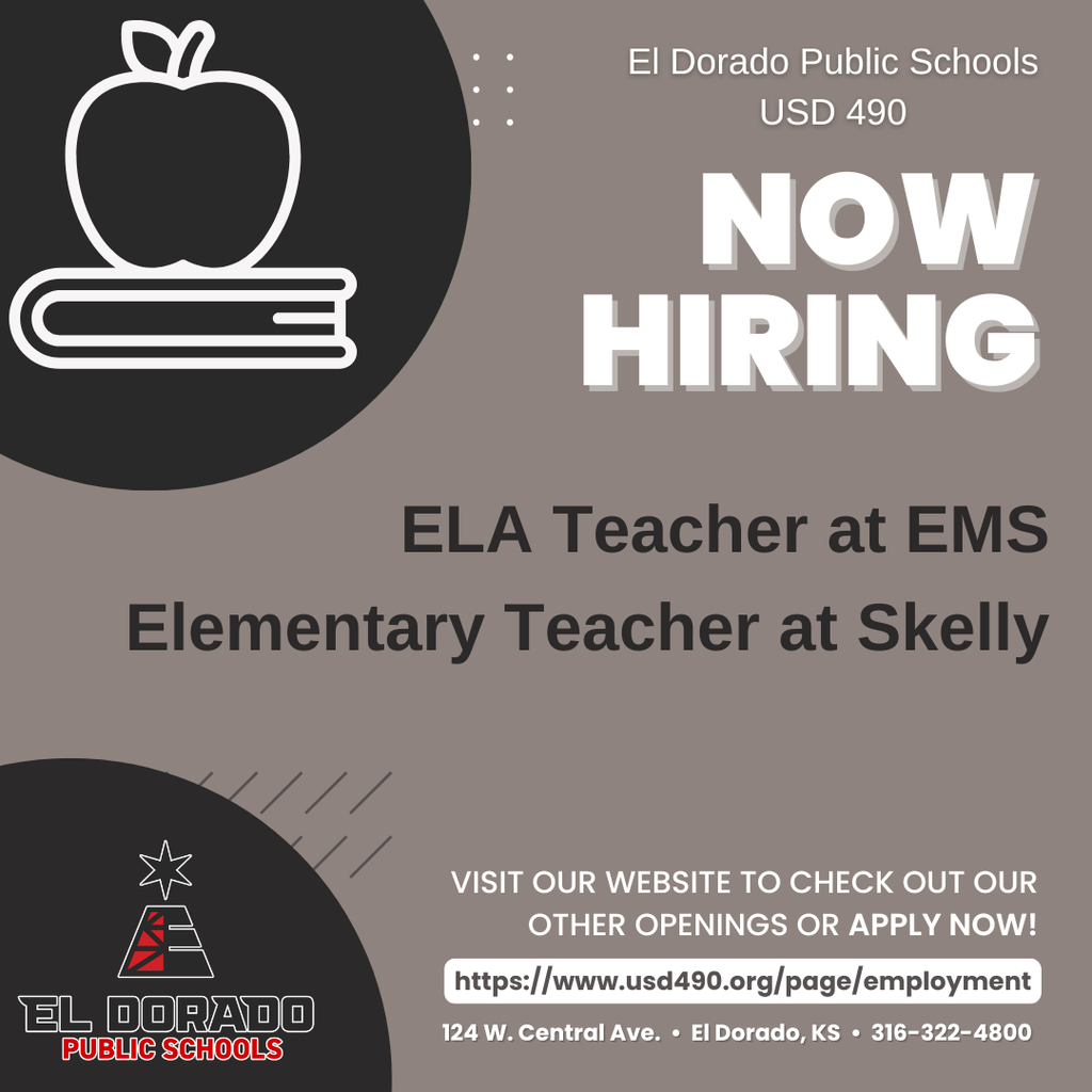 Now hirign an ELA Teacher at EMS and Elementary Teacher at Skelly