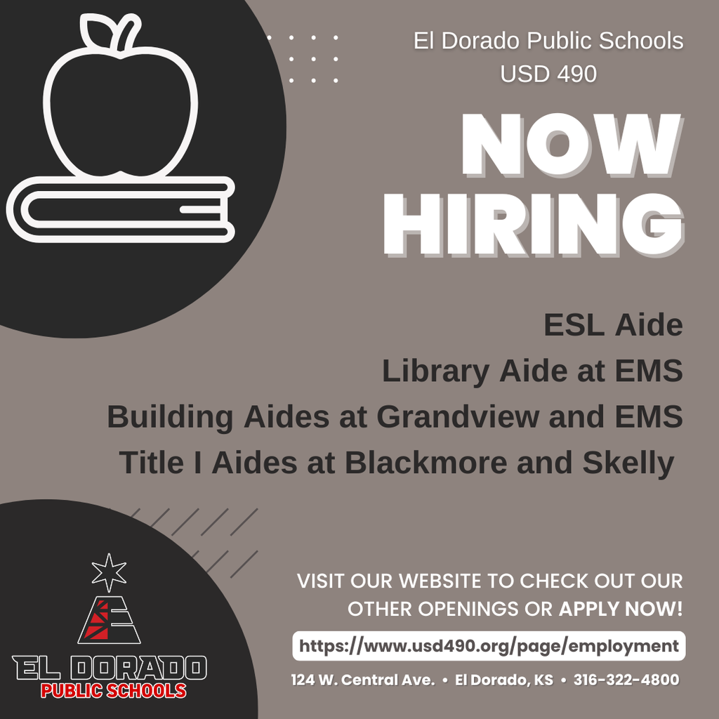 Now hiring ESL Aide, Library Aide at EMS, Building Aides at Grandview and EMS, and Title I Aides at Blackmore and Skelly. Apply online at https://www.usd490.org/page/employment