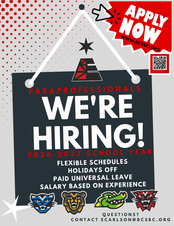 Promotional hiring graphic for El Dorado Public Schools paraprofessional positions for the 2026–2027 school year. The main sign reads, "Paraprofessionals – We're Hiring!" Benefits listed include flexible schedules, holidays off, paid universal leave, and salary based on experience. A red banner in the upper-right corner says, "Apply Now," and includes the website www.bcsbc.org and a QR code for online applications. At the bottom, the graphic asks questions to be directed to ecarlson@bcsbc.org. The El Dorado Public Schools logo appears near the top of the sign, with logos representing the district's elementary schools displayed along the bottom. Decorative graphic elements include a hanging sign, red dot pattern, and stars.