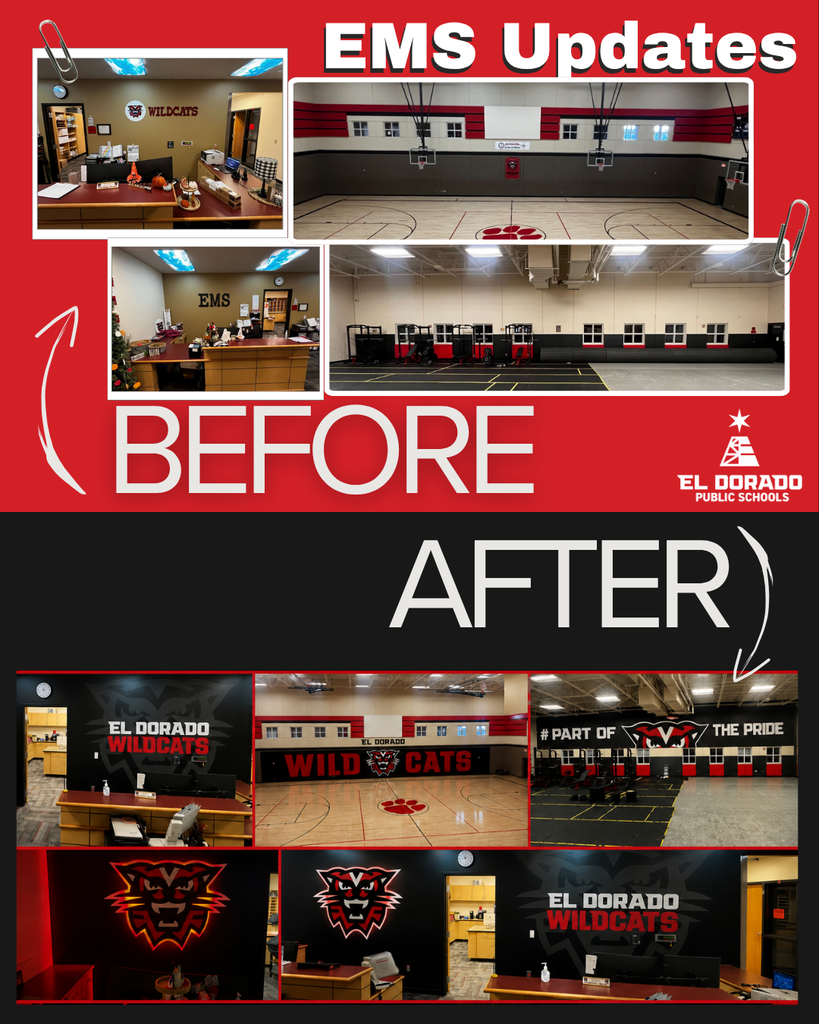 Before and after photos of the El Dorado Middle School gym, weight room, and front office. The new look features the new mascot and logos on black backgrounds.