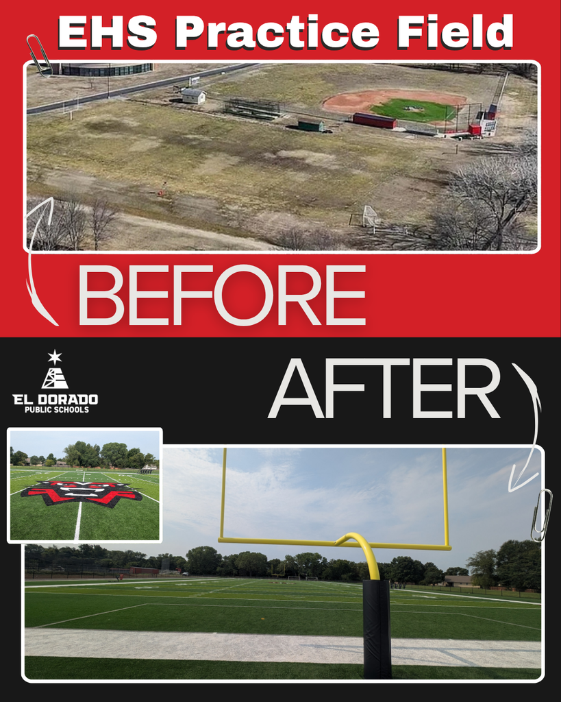 flyer with photos of before when there was a muuddy grassy area and after with the new turf, goal posts, and wildcat logo on the field
