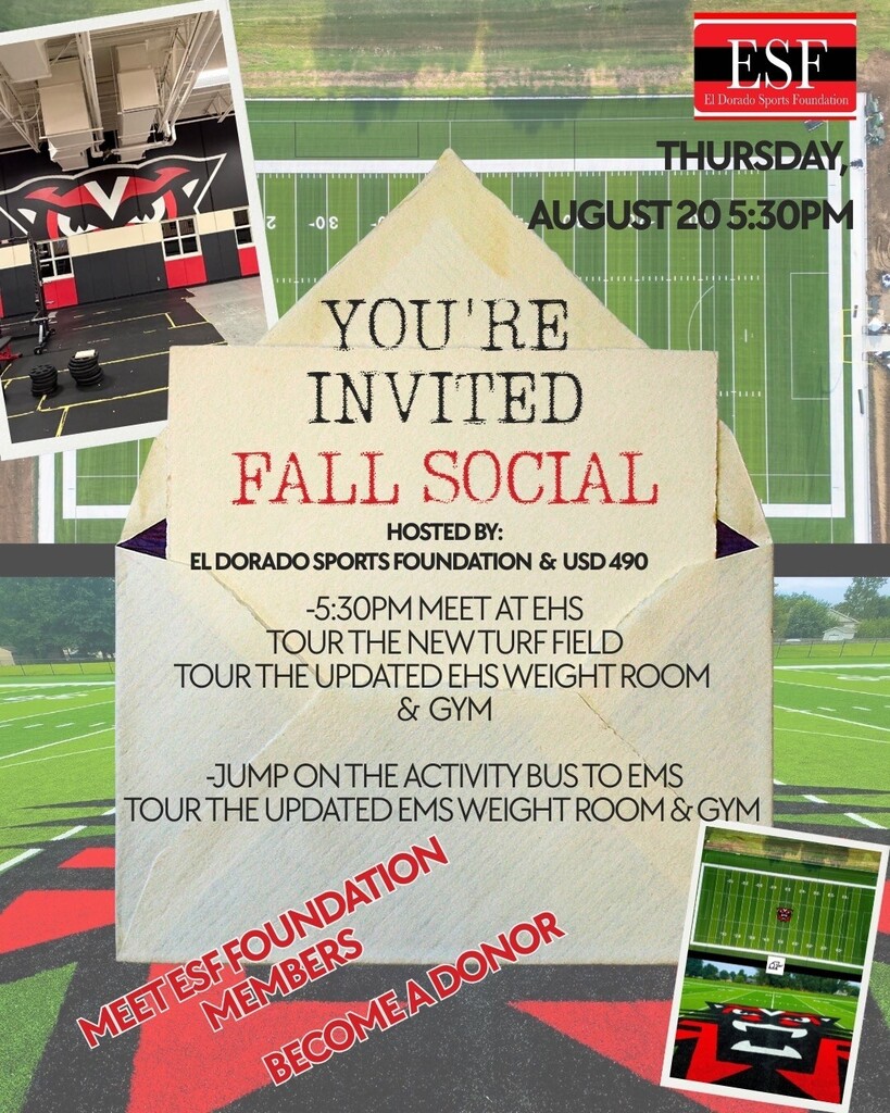 Invitation to tour EHS and EMS athletic facilities with El Dorado Sports Foundation at 5:30 p.m. on Thursday, August 20.