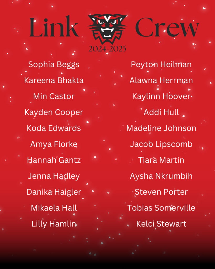 Red background with black gradient. The heading reads: Link Crew 2024-2025 and has the El Dorado wildcat head between the words. There is a list of student names who were selected as Link Leaders for next year.