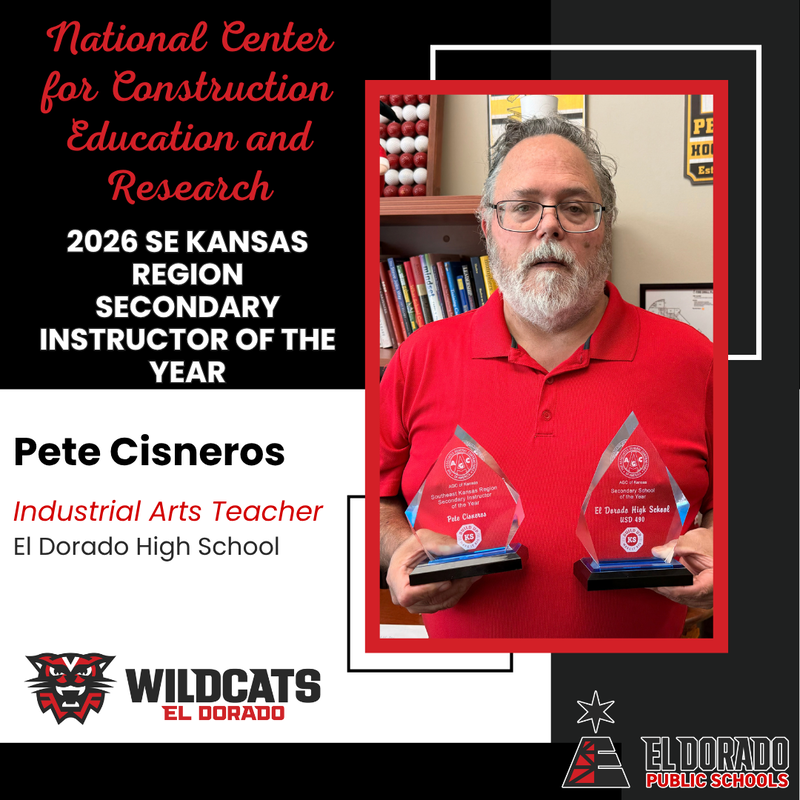 graphic with a photo of Pete Cisneros holding his award and the high school's award