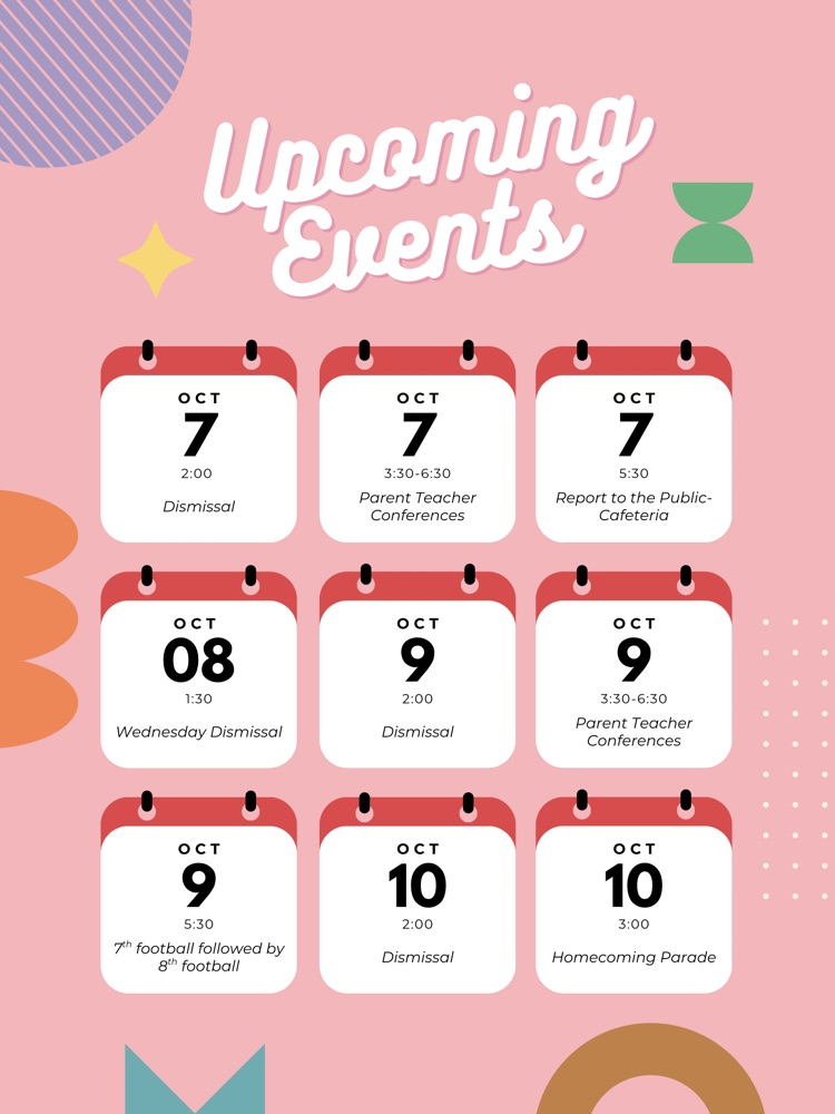 Busy week!  Don’t miss anything! Pay close attention to the dismissal schedule! 