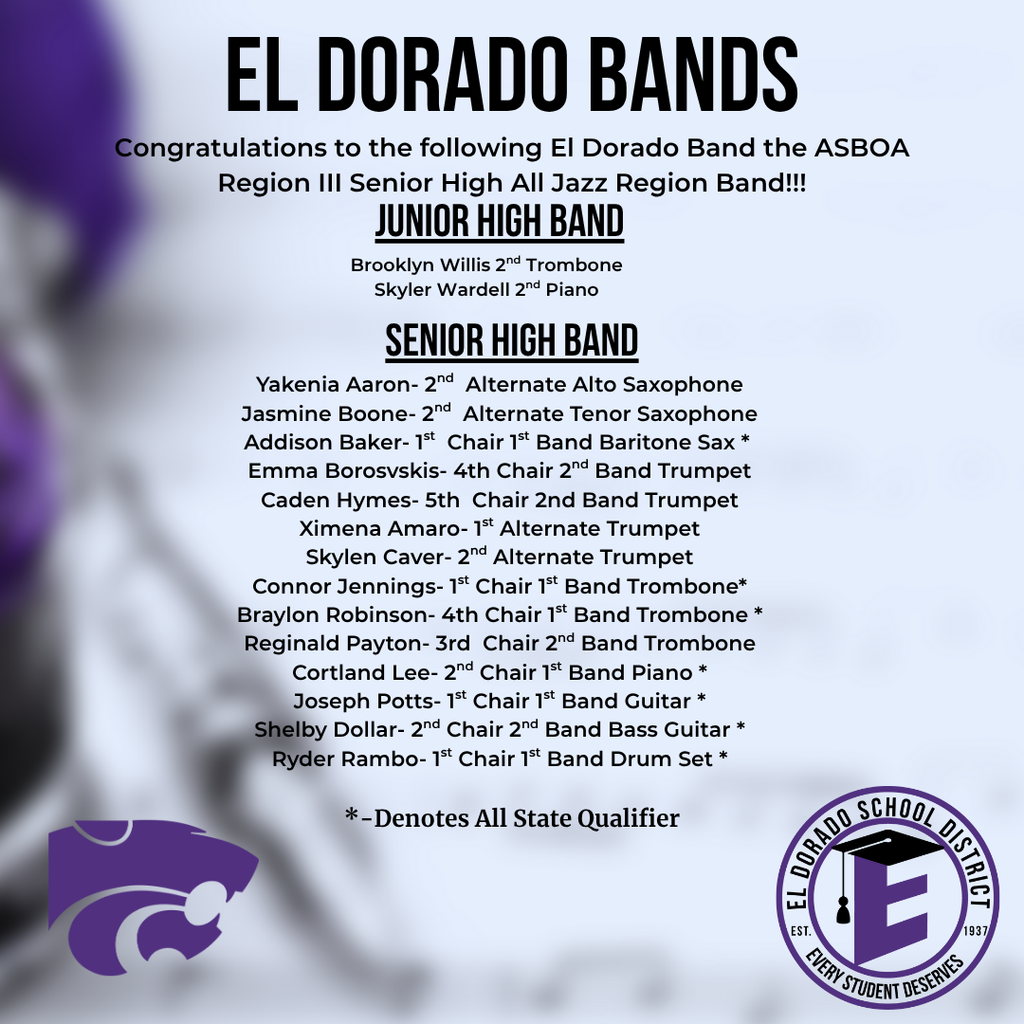 Congratulations to our Junior High and Senior High Band students on earning spots in the ASBOA Region III All-Jazz Bands! We are so proud of your hard work, dedication, and outstanding performances.