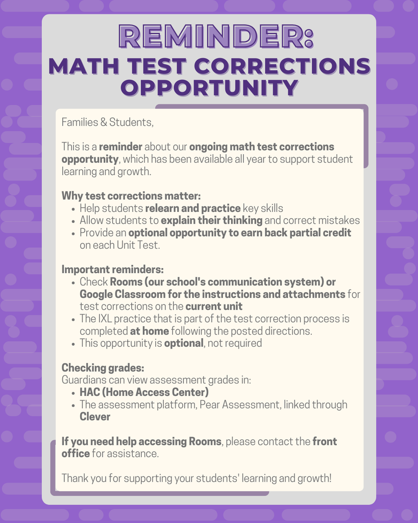 Reminder of math test corrections opportunity