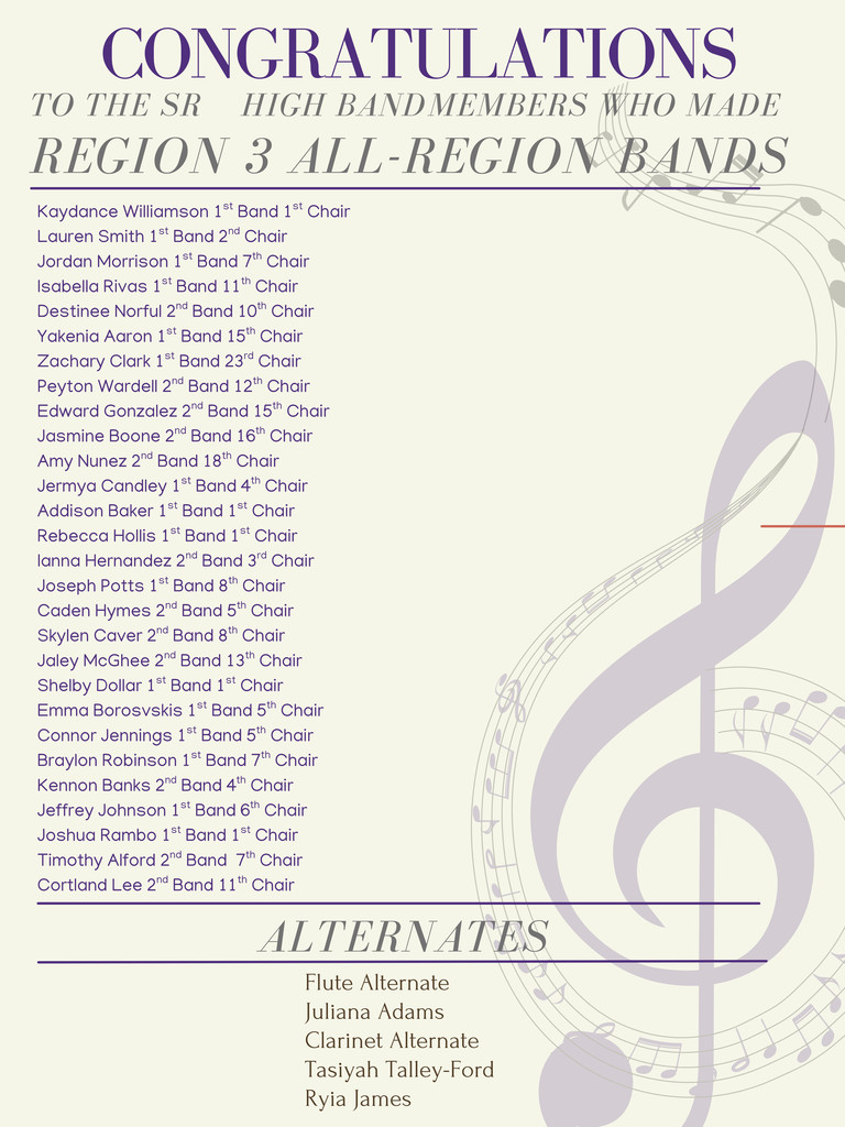 congratulations to the senior high band members who made region 3 all region bands!