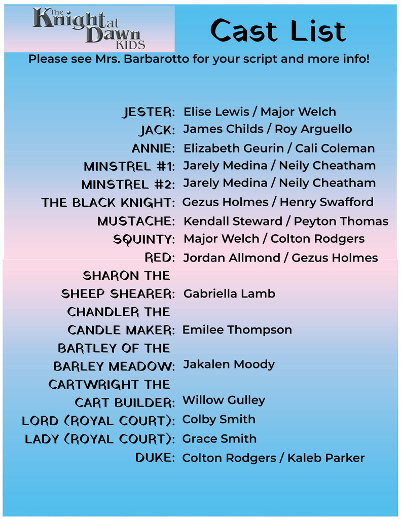 Cast List for Knight at Dawn Musical