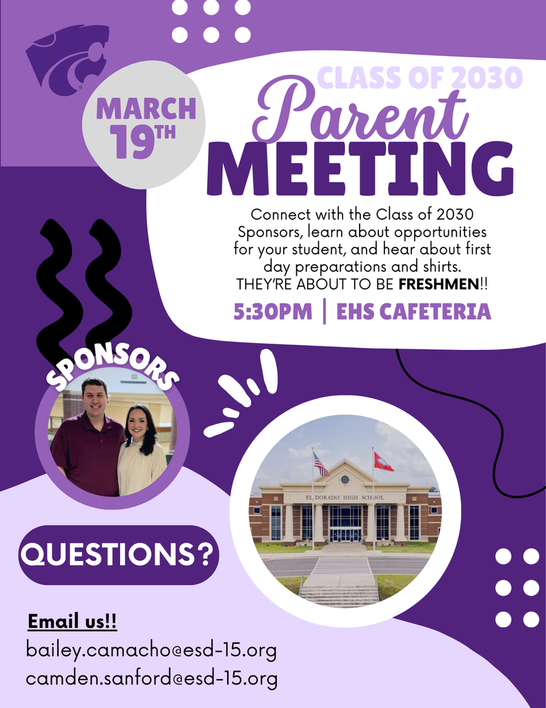 📣 Calling all future Wildcats! If your student is part of the Class of 2030, don’t miss our Parent Meeting tonight at 5:30 PM in the EHS Cafeteria. Come connect with sponsors, learn about opportunities, and get important info to help your student start their freshman year strong! 💜