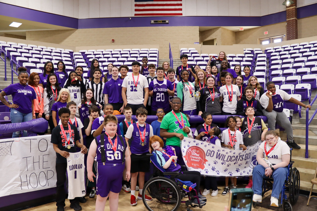 Students and staff at El Dorado High School take part in a Unified basketball event recognized by Special Olympics Unified Champion Schools, highlighting inclusion and school spirit.