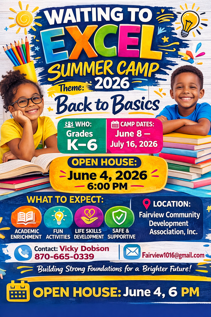 Get ready for a summer of learning, fun, and growth!📚Mark your calendars for EXCEL Summer Camp, happening June 8th through July 16th, and don’t miss the Open House on June 4th at 6:00 PM! If you have questions, please contact Vikki Dobson at 870-665-0339 or Wayne Gibson at 870-329-4000.