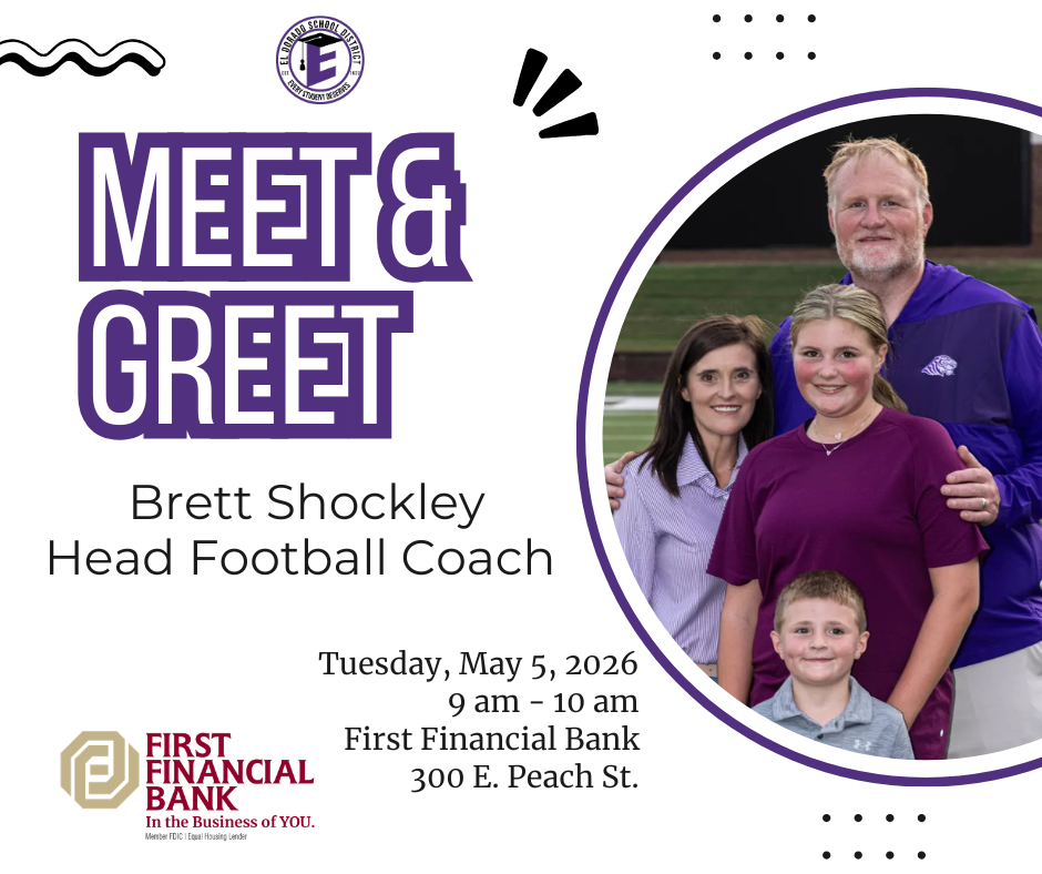 meet and greet with our new head football coach brett shockley! tuesday may 5th at First Financial Bank from 9am to 10am