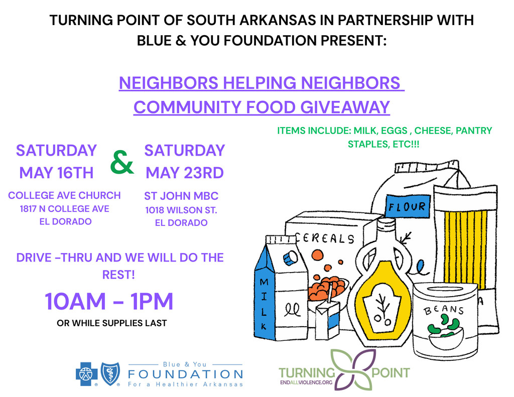 ESD families, Turning Point of South Arkansas and the Blue & You Foundation are hosting a drive-thru food giveaway on May 16 and May 23 from 10 AM–1 PM, or while supplies last. Items may include milk, eggs, cheese, pantry staples, and more. Families can simply drive through, and volunteers will do the rest!